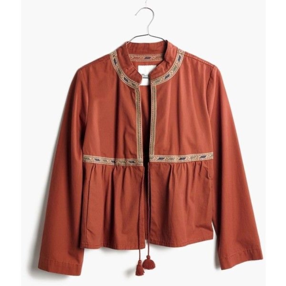 Madewell Embroidered Peplum Jacket in Russet Brown | Small